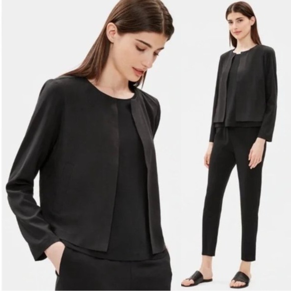 Eileen Fisher Jacket Round Neck Open Front Cropped Black Sandwashed Tencel XL - Picture 1 of 7